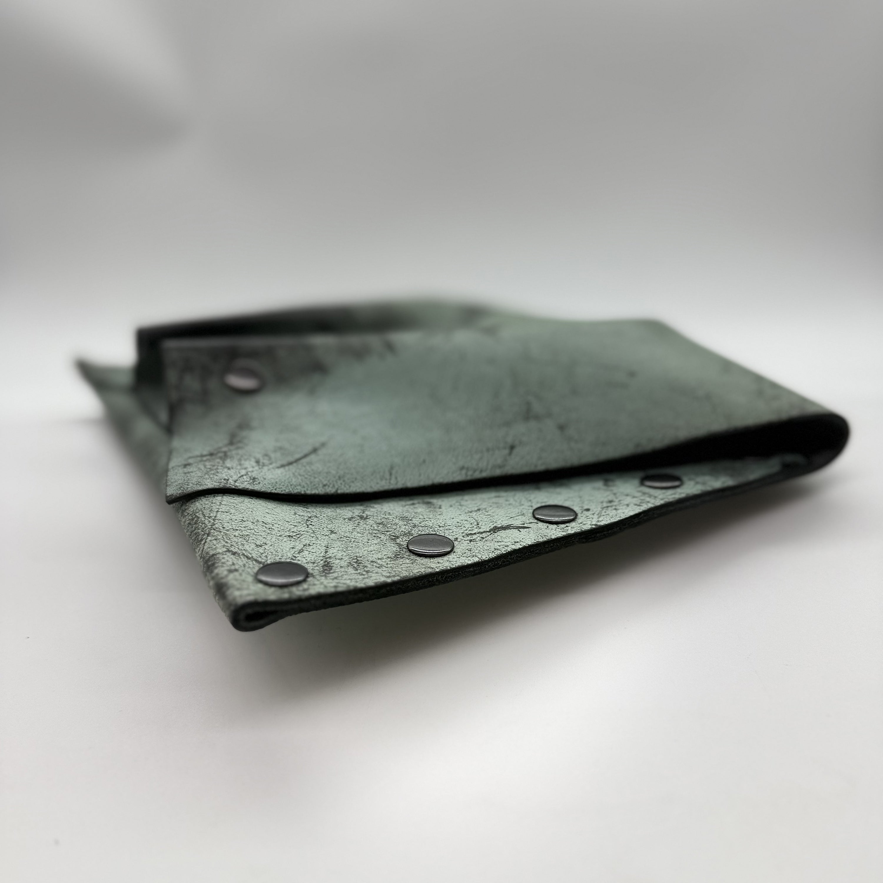 Handmade Distressed Green Leather Pleated Clutch