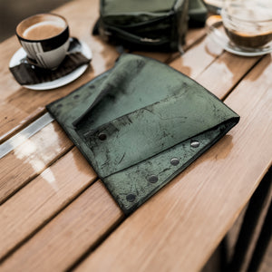 Handmade Distressed Green Leather Pleated Clutch