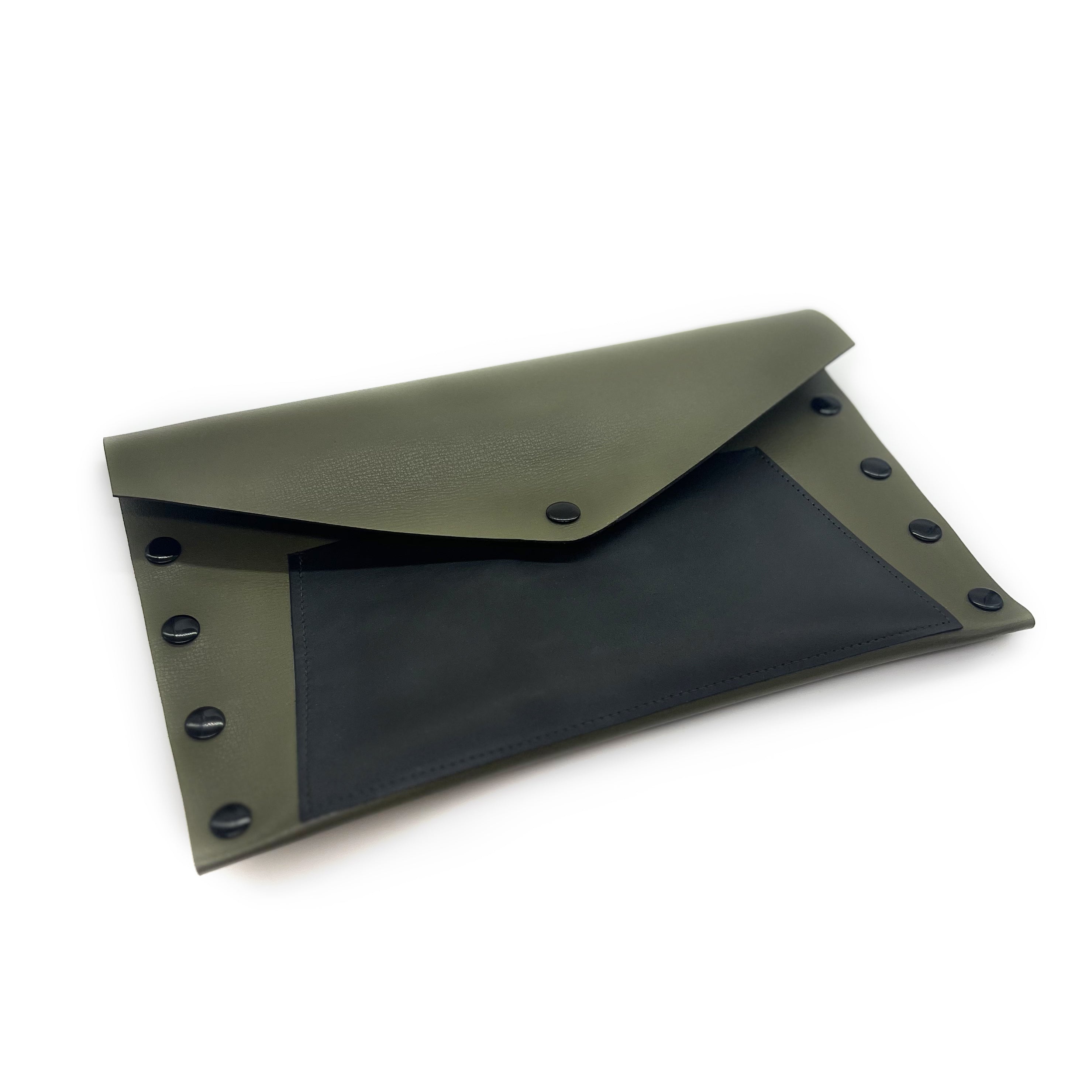 Olive Green & Black Leather Color Block Envelope Clutch