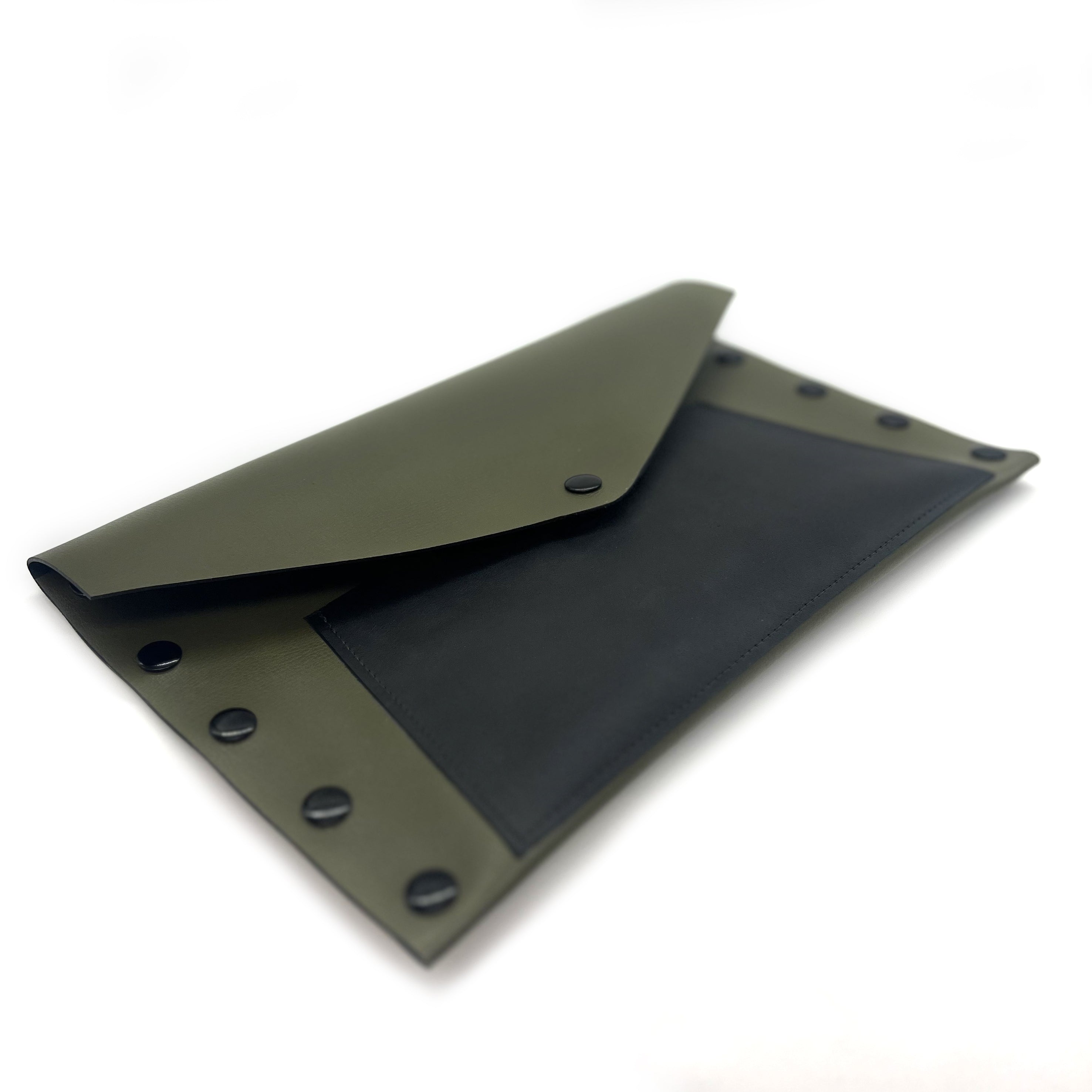 Olive Green & Black Leather Color Block Envelope Clutch