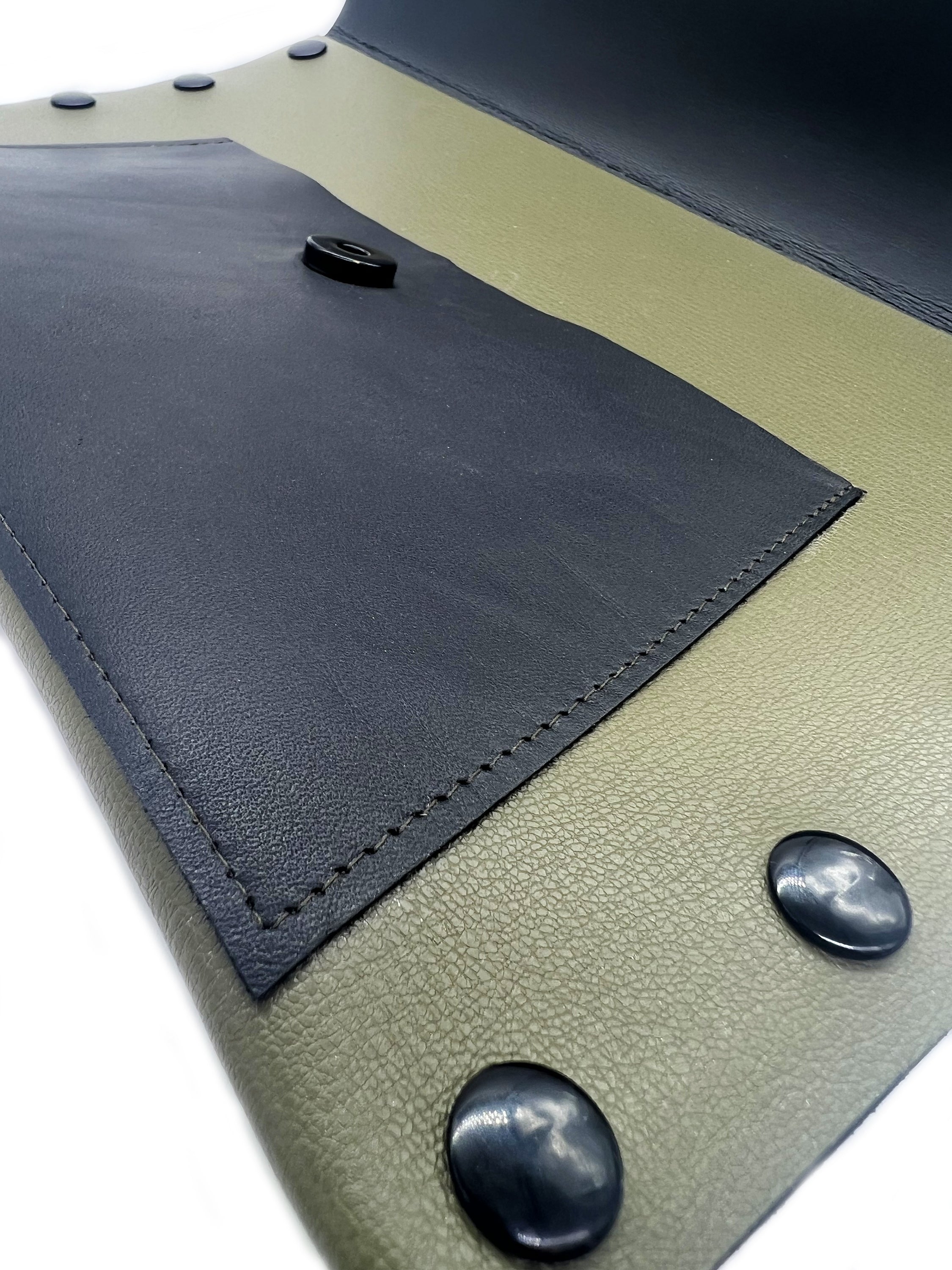 Olive Green & Black Leather Color Block Envelope Clutch