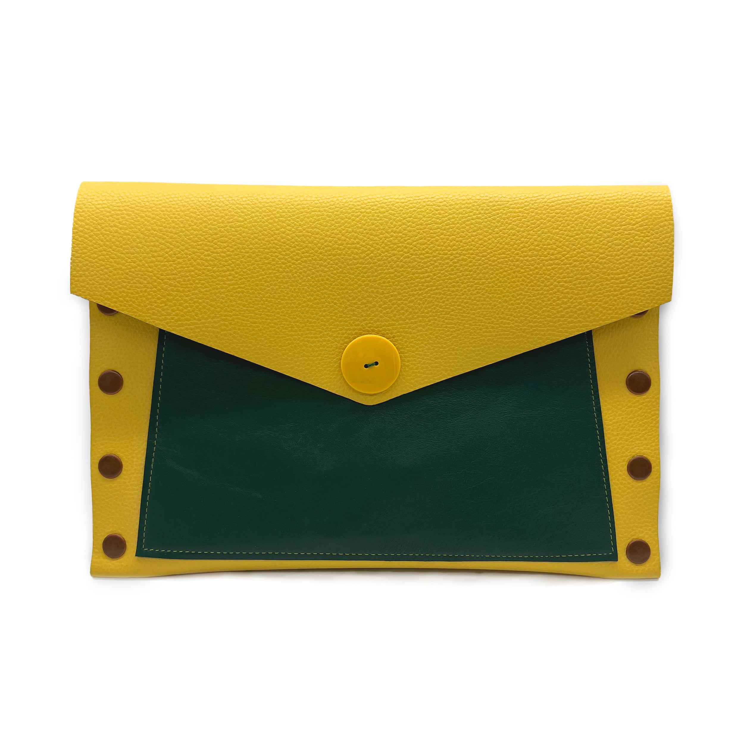 Yellow & Green Leather Color Block Envelope Clutch