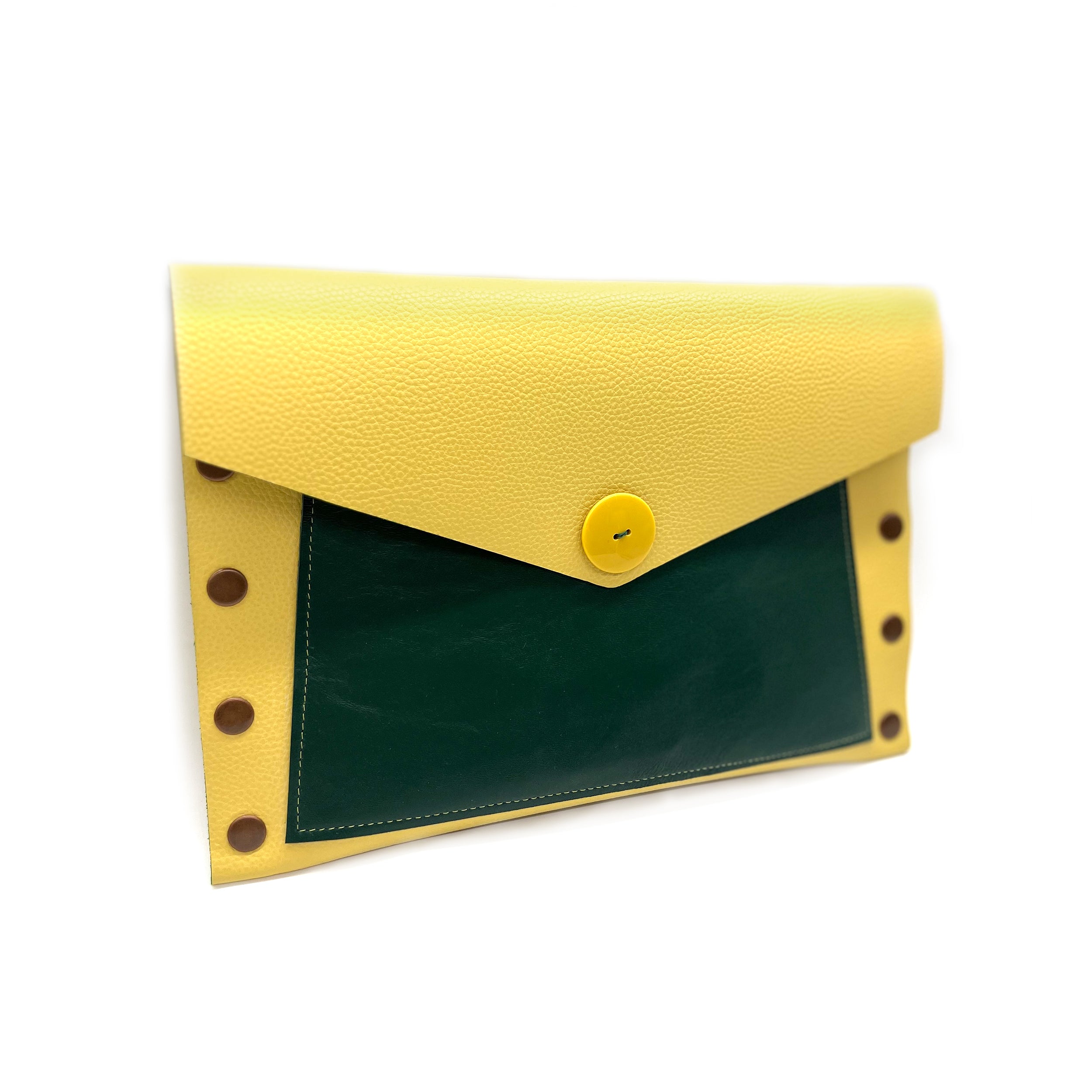 Yellow & Green Leather Color Block Envelope Clutch