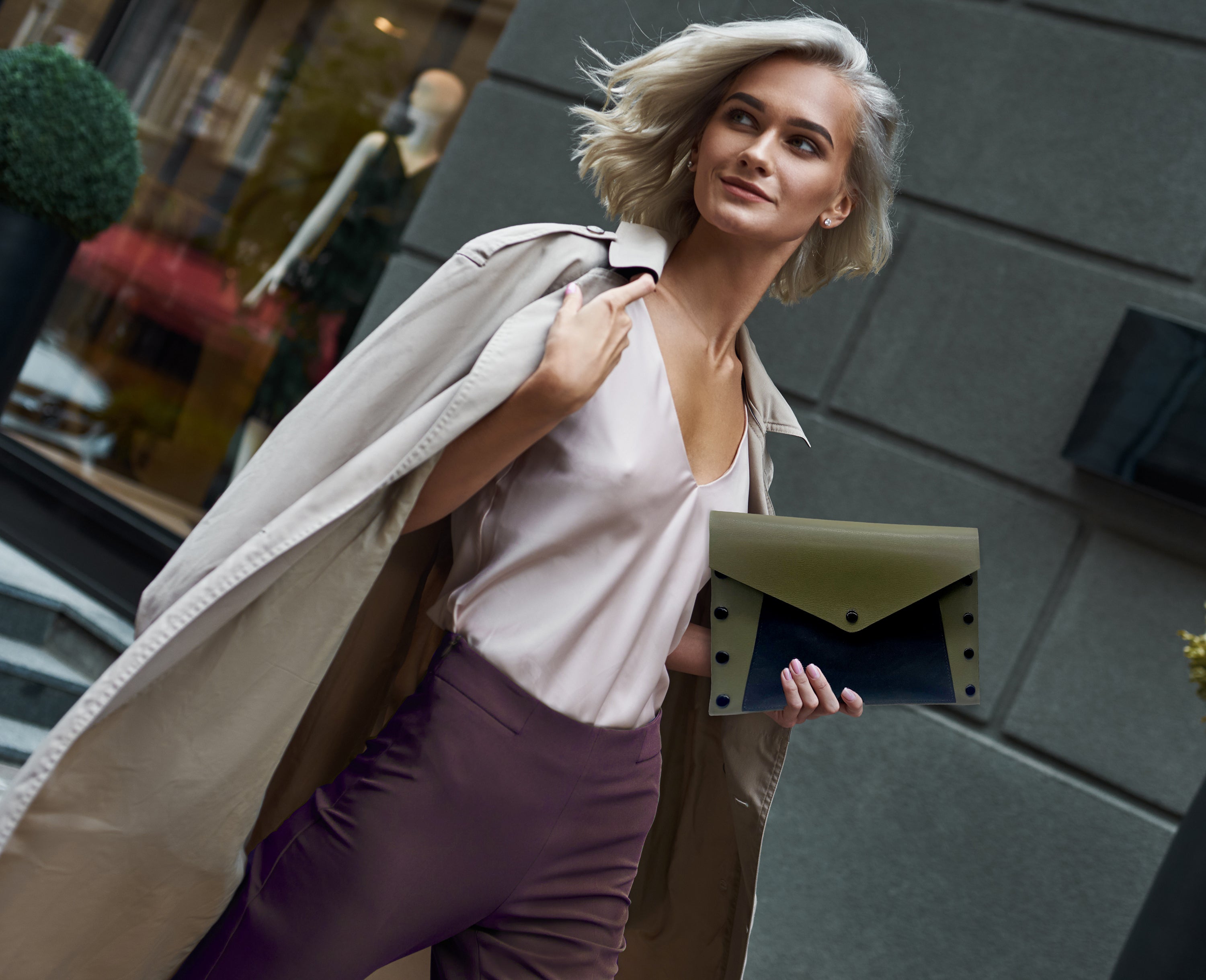 Olive Green & Black Leather Color Block Envelope Clutch