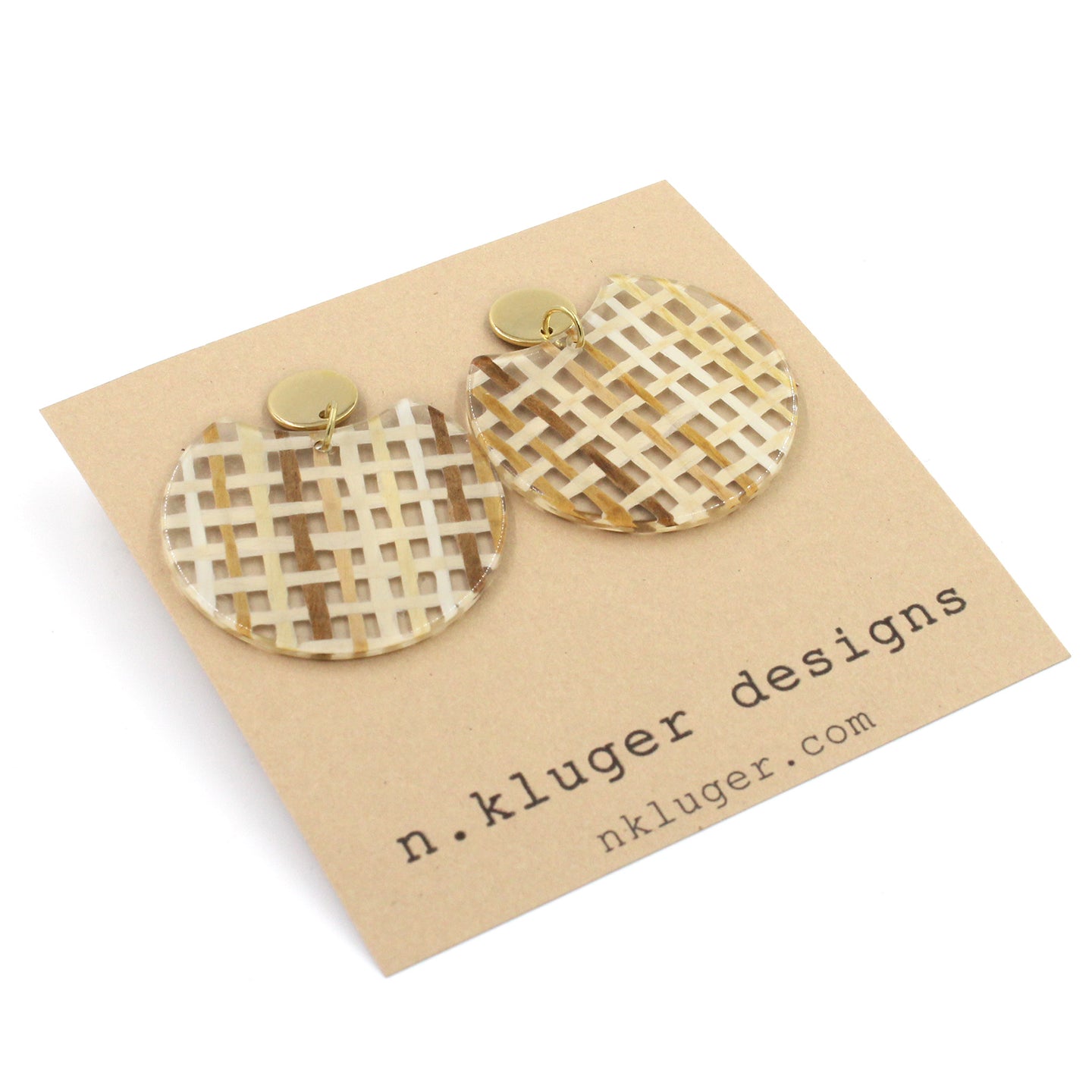 Brown Basketweave Circle Cutout Acrylic Drop Earrings