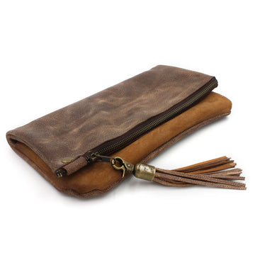 Distressed Genuine Brown Leather  Foldover Clutch