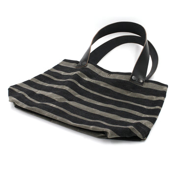 Small Charcoal Striped Waxed Canvas & Leather Tote Bag