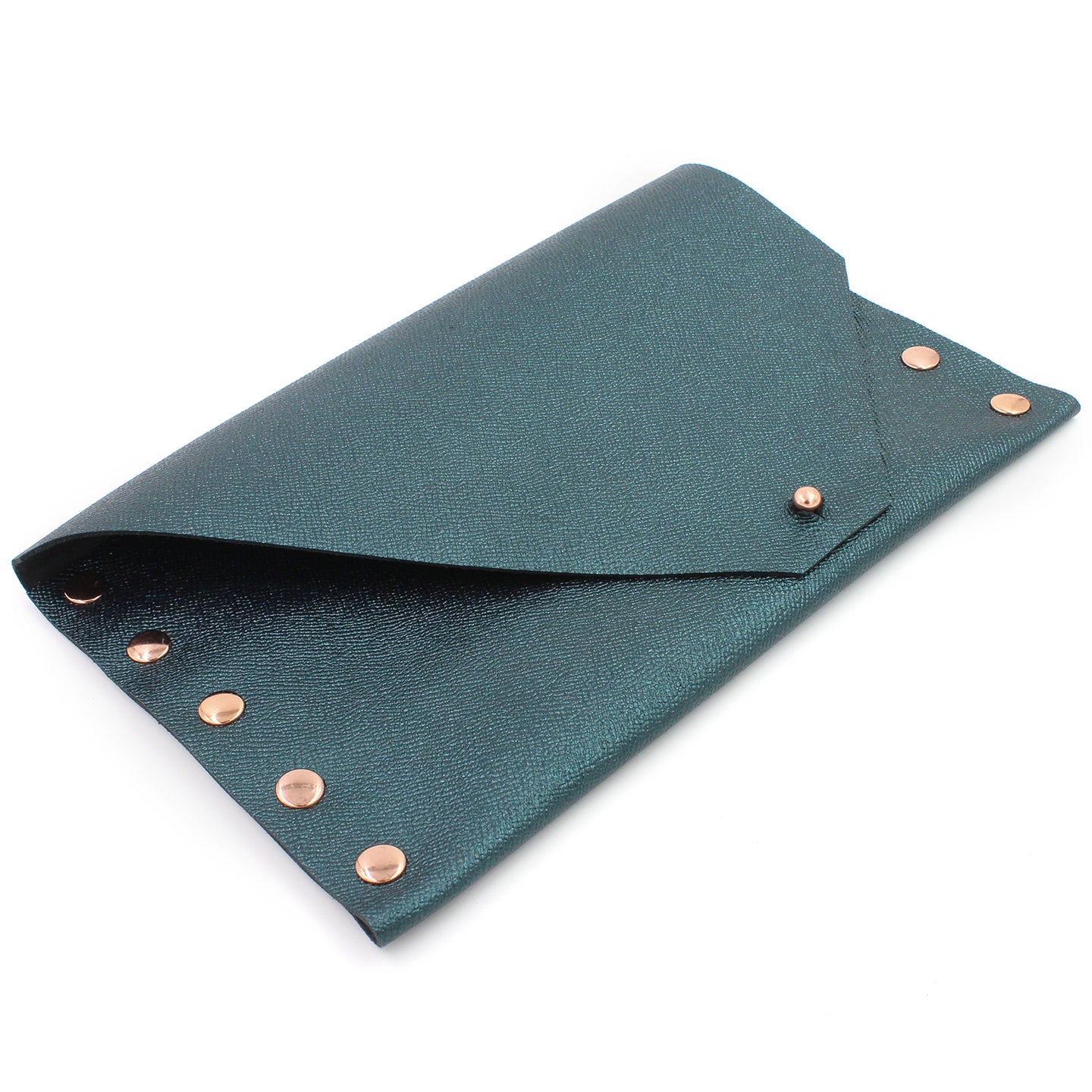 2nd Edition Shimmering Green/Blue Leather Clutch with Rose Gold Rivets - N.Kluger Designs clutch