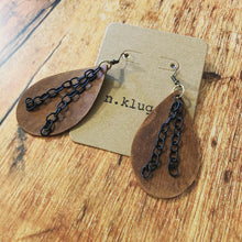 Rustic Brown Leather Drop Earrings with Black Chain